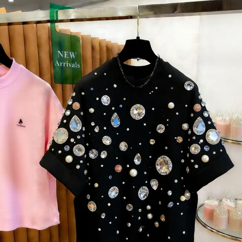 All-Over Jewel Embellished Short Sleeve Top