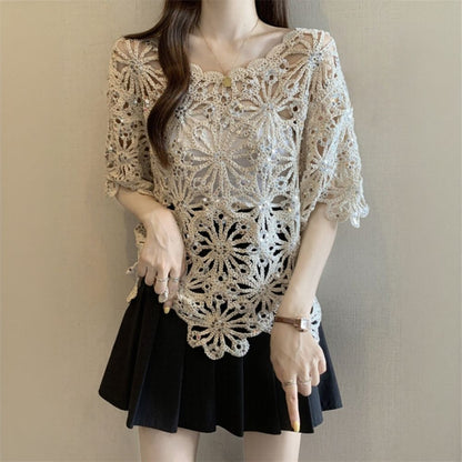Hollow Out Floral Sequin Short Sleeve Top