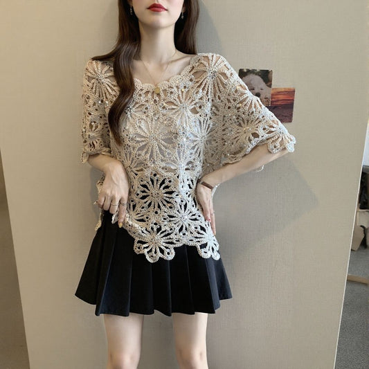 Hollow Out Floral Sequin Short Sleeve Top