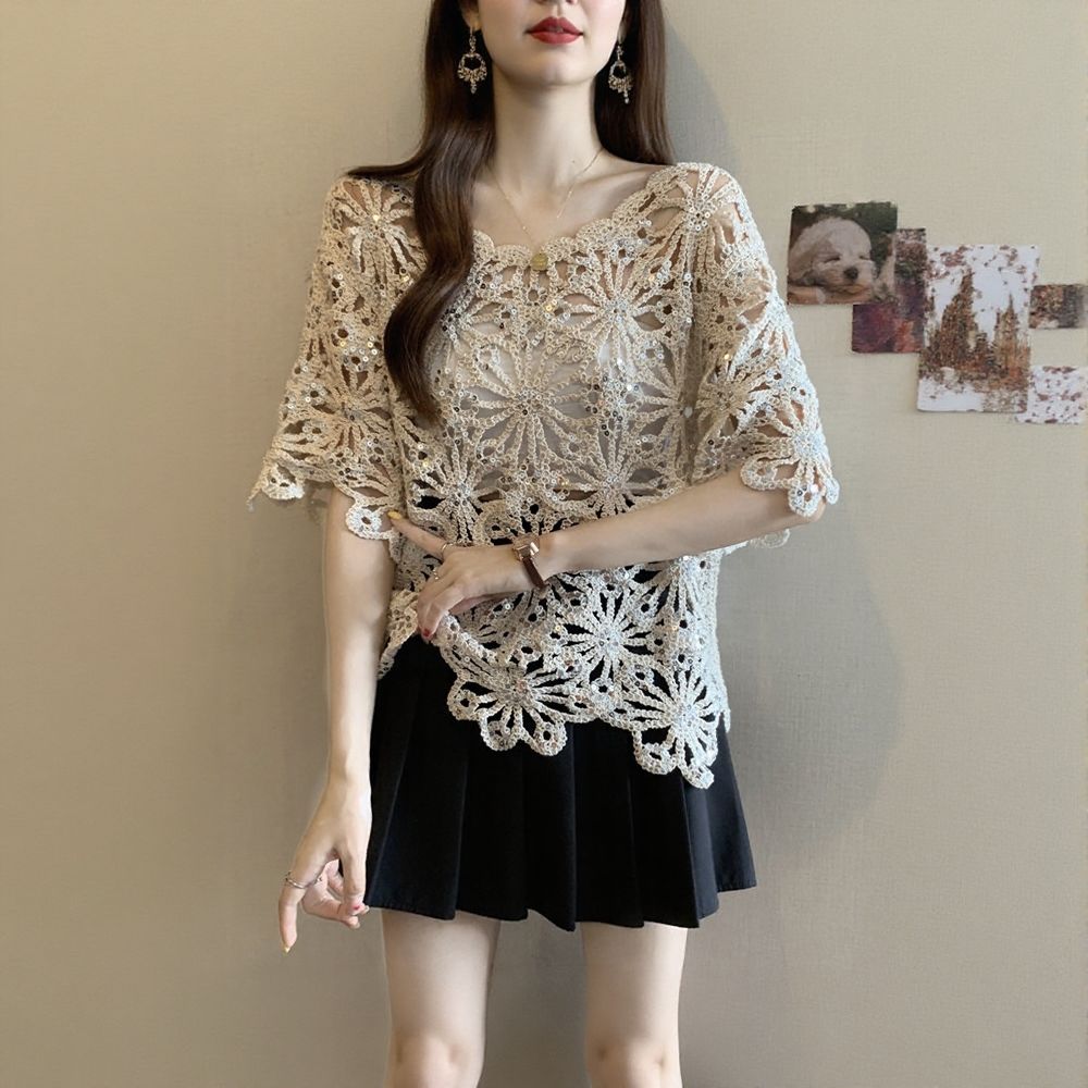 Hollow Out Floral Sequin Short Sleeve Top