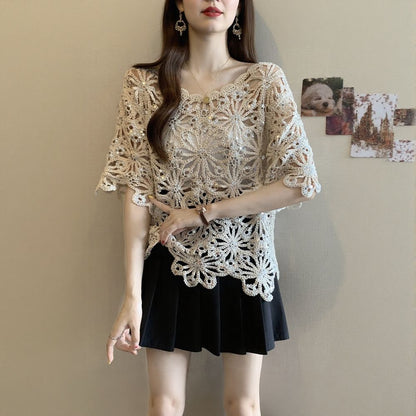 Hollow Out Floral Sequin Short Sleeve Top