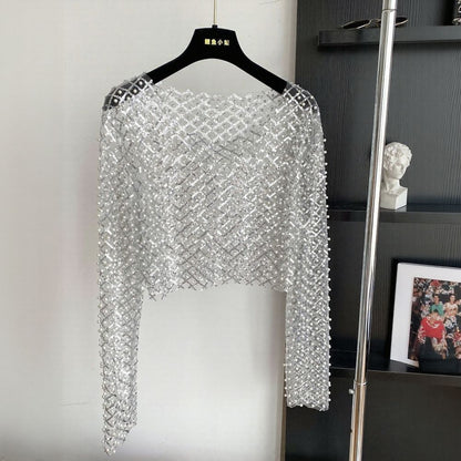 Pearl & Floral Sparkle Hollow-out Blouse