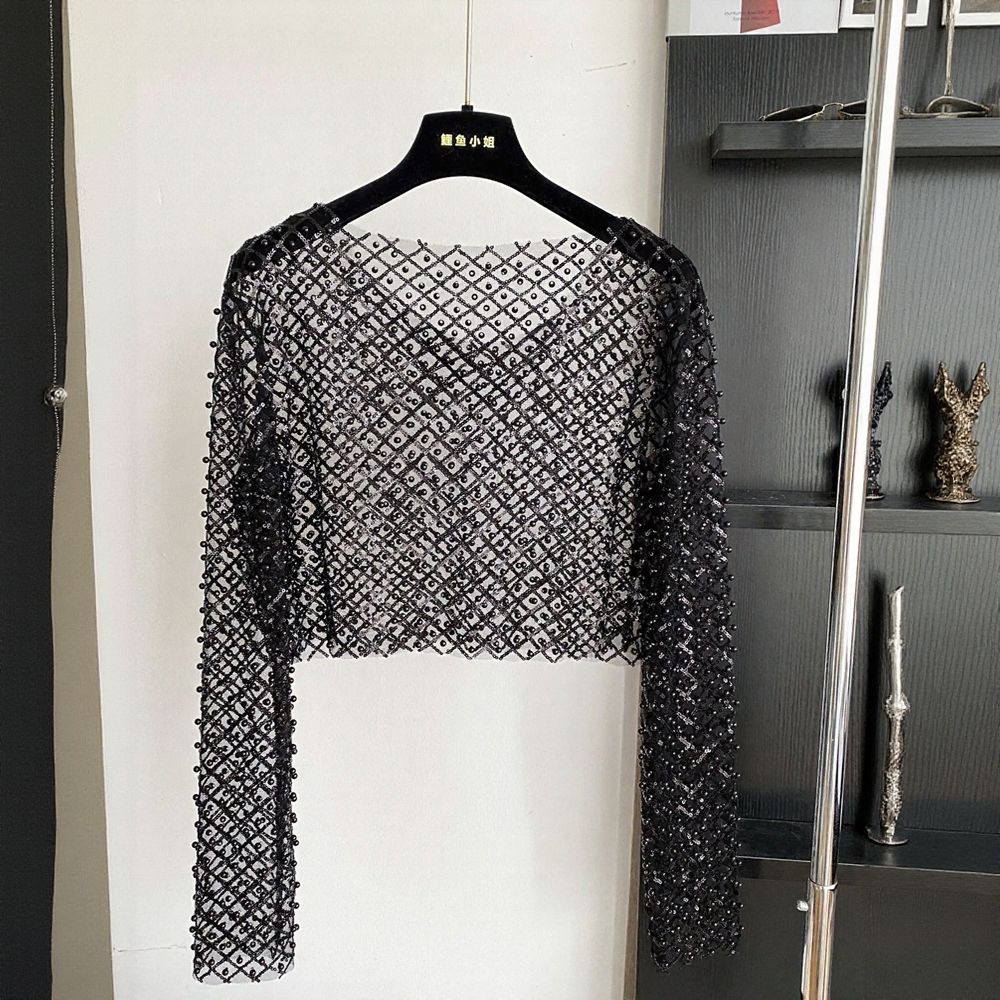 Pearl & Floral Sparkle Hollow-out Blouse