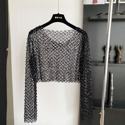 Pearl & Floral Sparkle Hollow-out Blouse