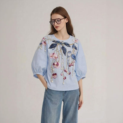 Pearl Floral Puff Sleeve Blouse