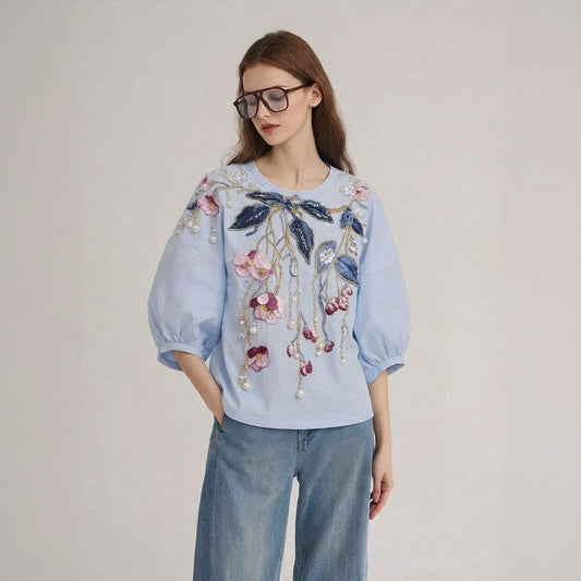 Pearl Floral Puff Sleeve Blouse