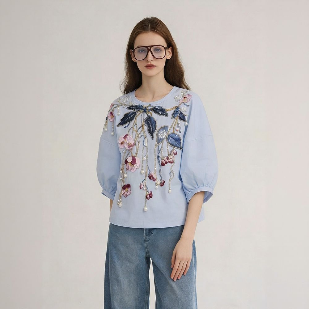 Pearl Floral Puff Sleeve Blouse