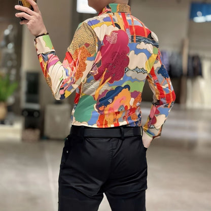 Abstract Art Print Long Sleeve Button-Down Shirt