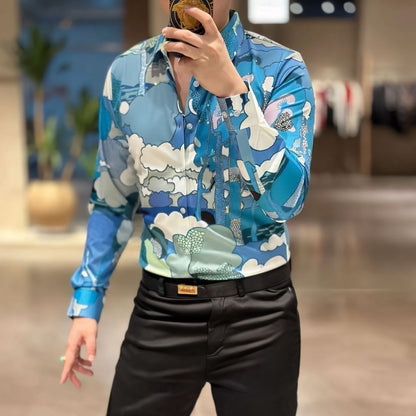 Abstract Art Print Long Sleeve Button-Down Shirt
