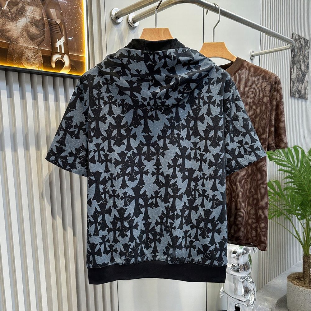 Cross Embroidered Hooded Short Sleeve