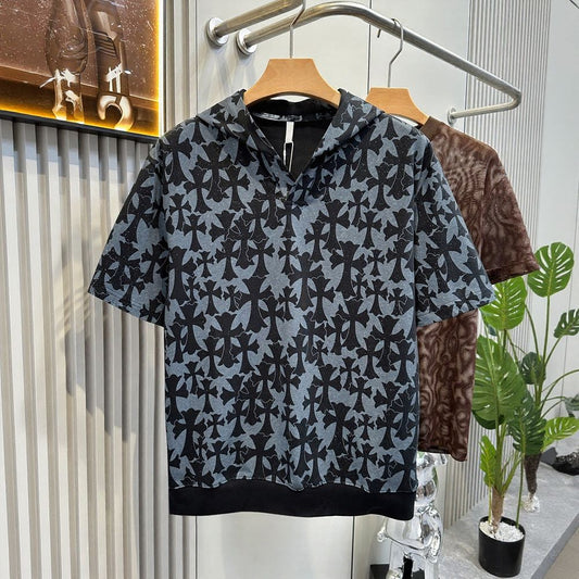 Cross Embroidered Hooded Short Sleeve