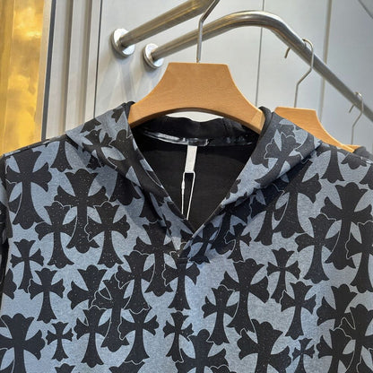 Cross Embroidered Hooded Short Sleeve