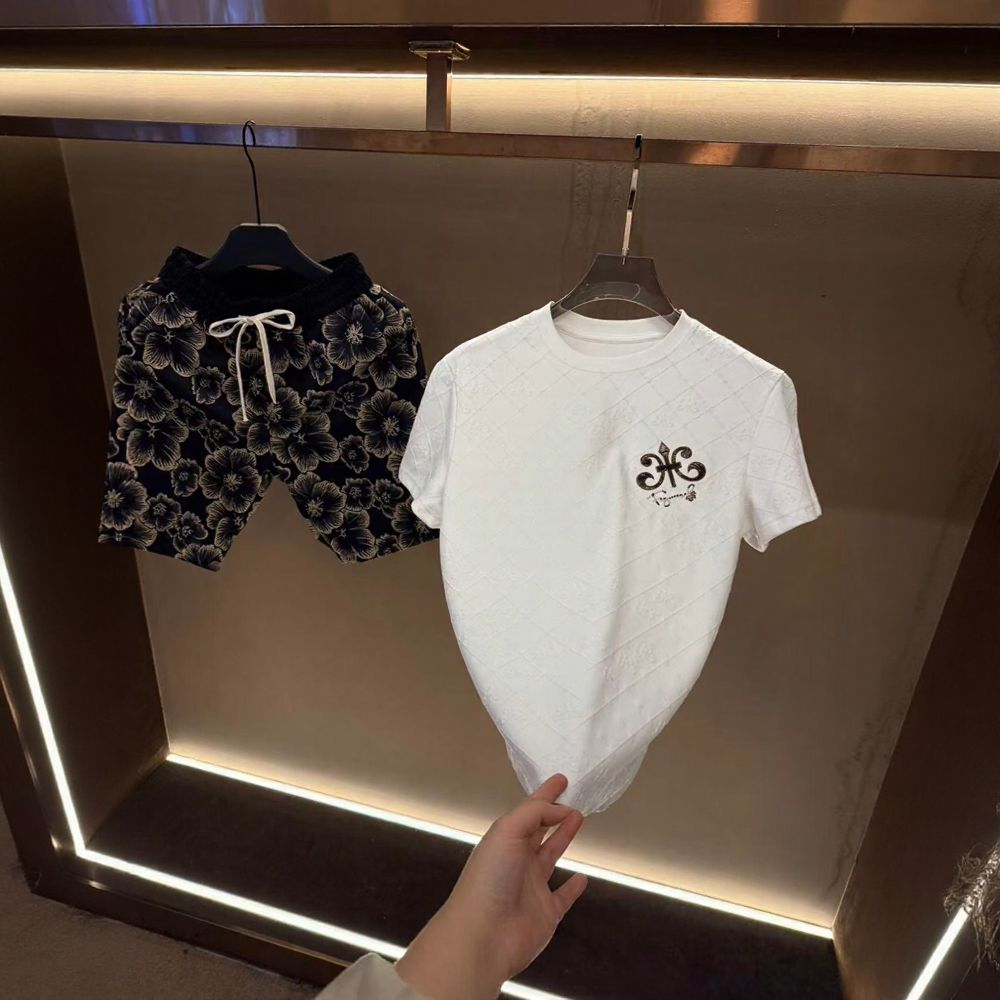 Plaid Subtle Embossed T‑Shirt & Golden Floral Shorts