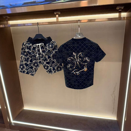 Plaid Subtle Embossed T‑Shirt & Golden Floral Shorts