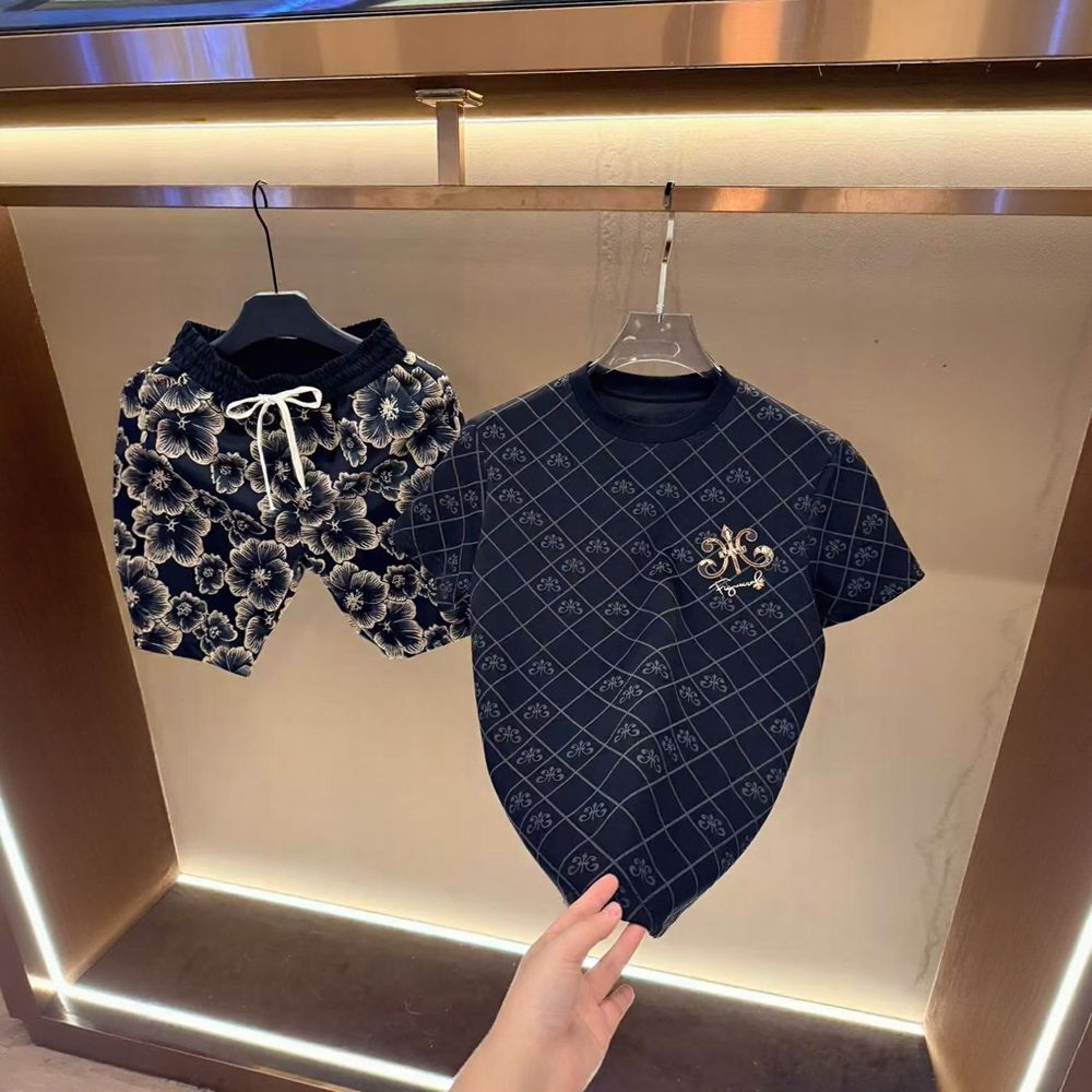 Plaid Subtle Embossed T‑Shirt & Golden Floral Shorts