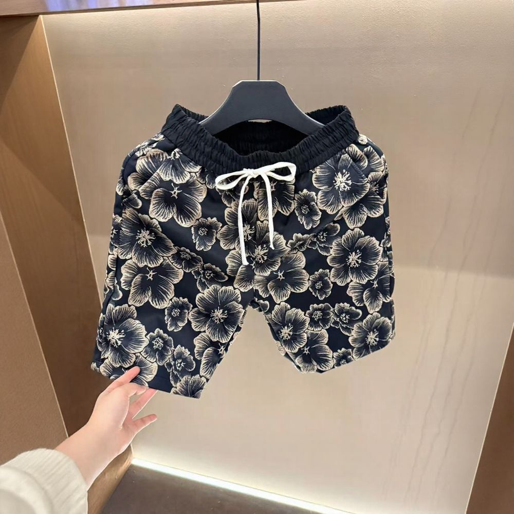 Plaid Subtle Embossed T‑Shirt & Golden Floral Shorts