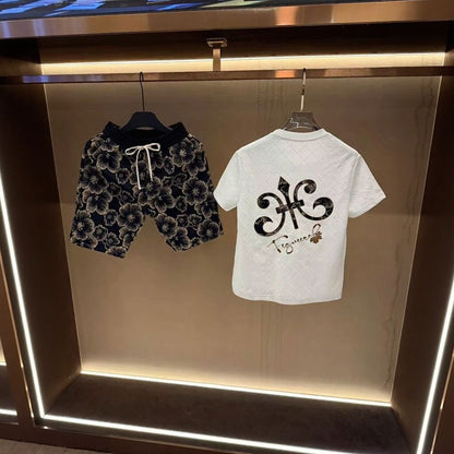 Plaid Subtle Embossed T‑Shirt & Golden Floral Shorts