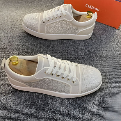 Luxury Rhinestone Casual Sneakers with Red Outsole