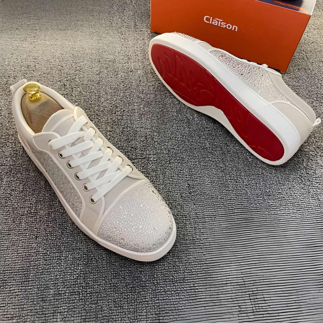 Luxury Rhinestone Casual Sneakers with Red Outsole