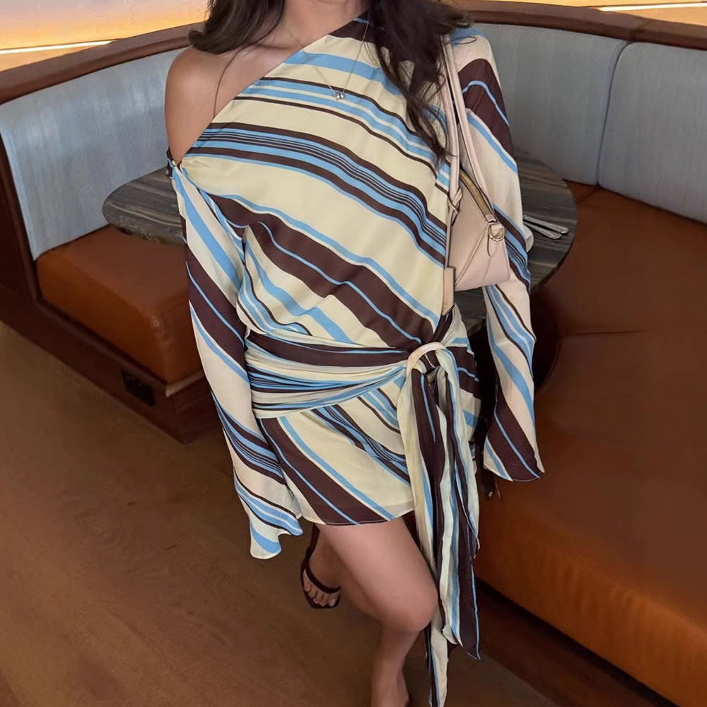 One-Shoulder Contrast Striped Off-Shoulder Dress