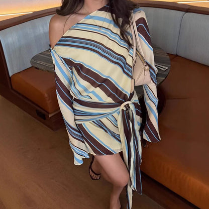 One-Shoulder Contrast Striped Off-Shoulder Dress