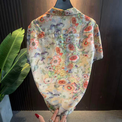 Red Floral Cuban Collar Shirt