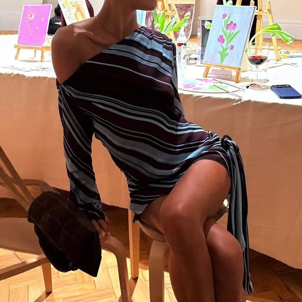 One-Shoulder Contrast Striped Off-Shoulder Dress