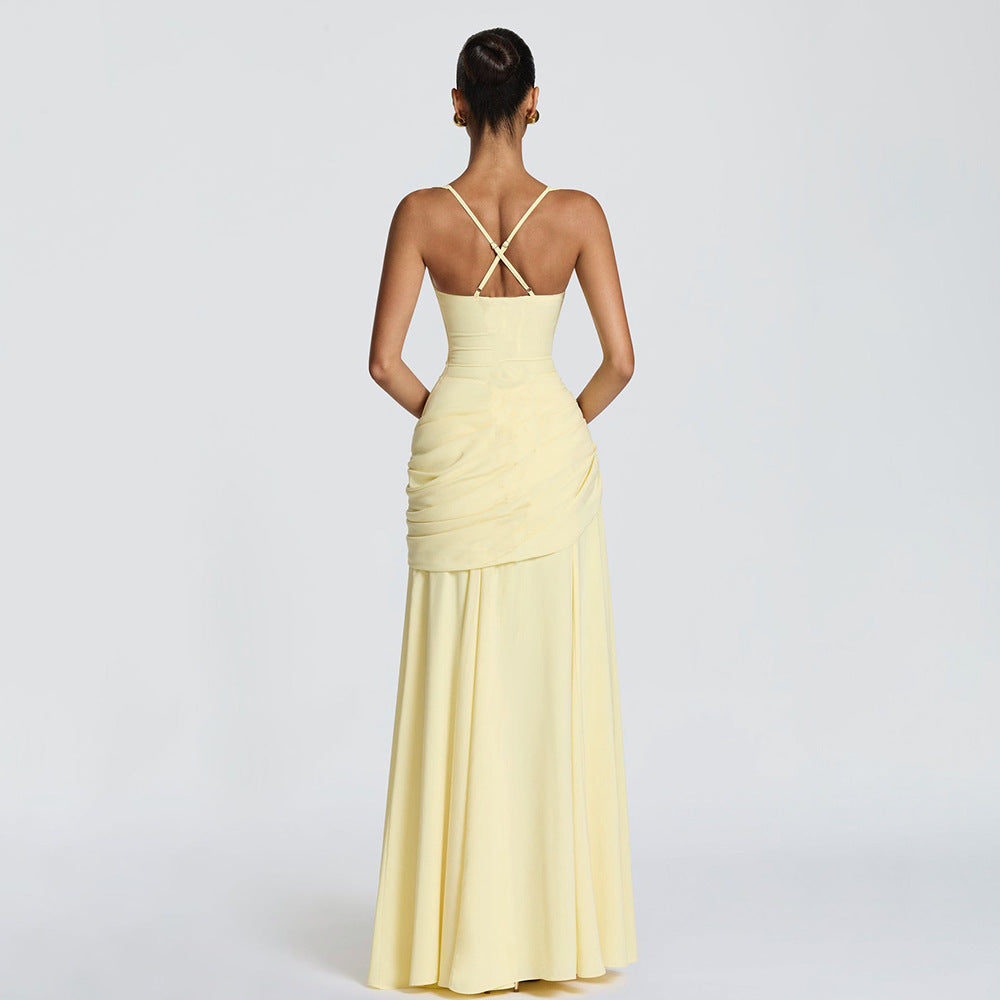 Spaghetti strap low-cut pleated tulle maxi dress