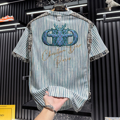 Blue Base Bee Pattern Spliced T-Shirt