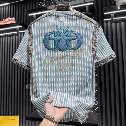 Blue Base Bee Pattern Spliced T-Shirt