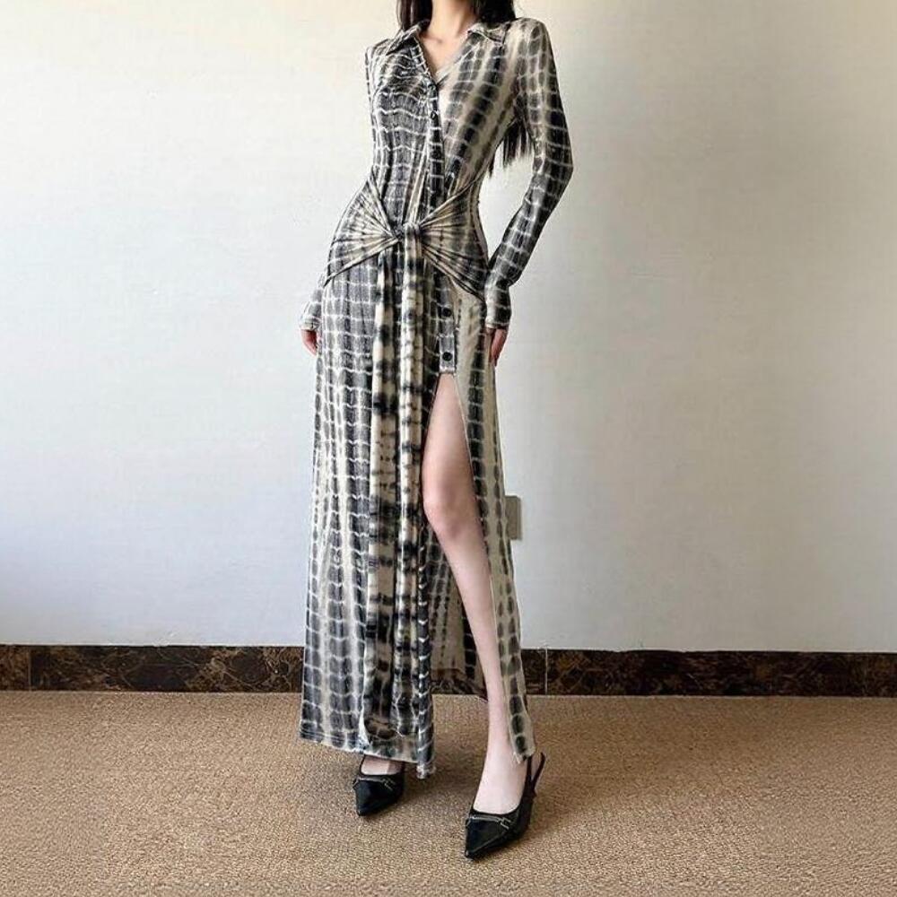 Color Block Tie Waist Long Sleeve Dress