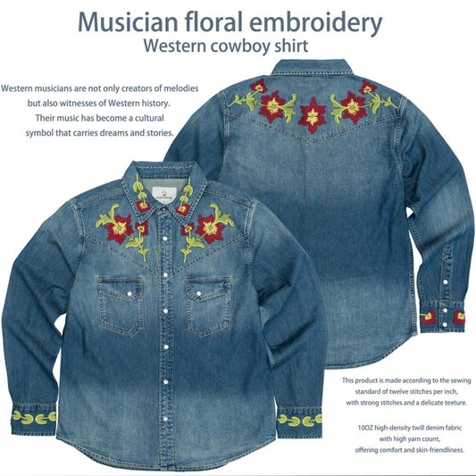 Musician Flower Embroidery Denim Shirt