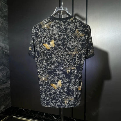 Flower Cluster Butterfly Rhinestone T-Shirt