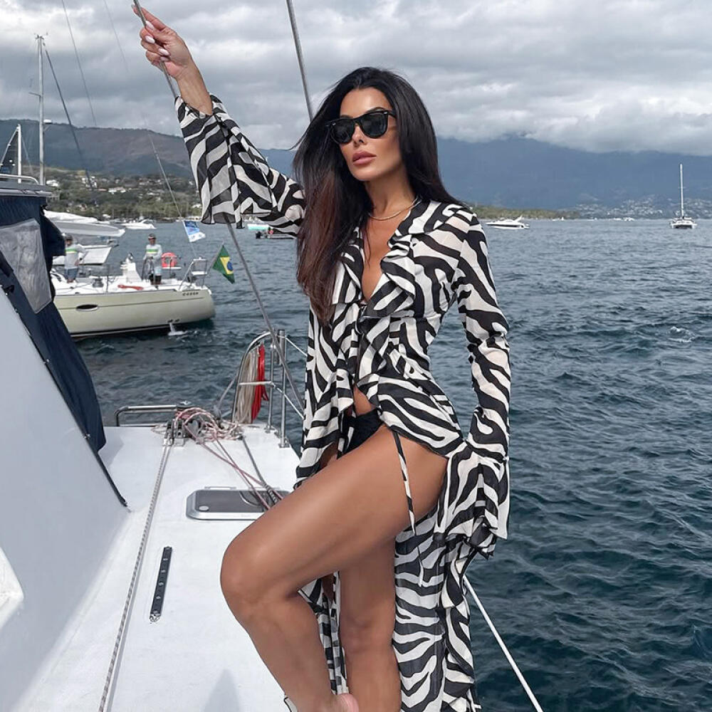 Y2K Sheer Zebra Print Asymmetrical Hem Long Top