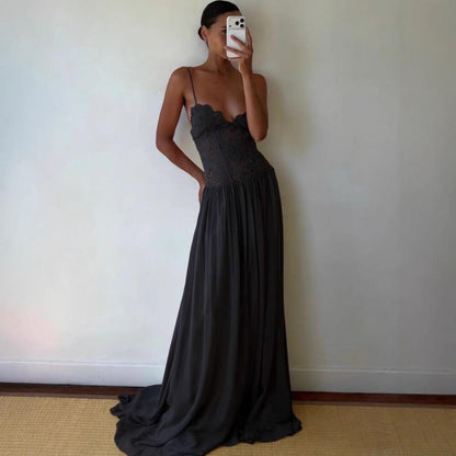 Vacation Style Lace Embroidered Chiffon Maxi Dress