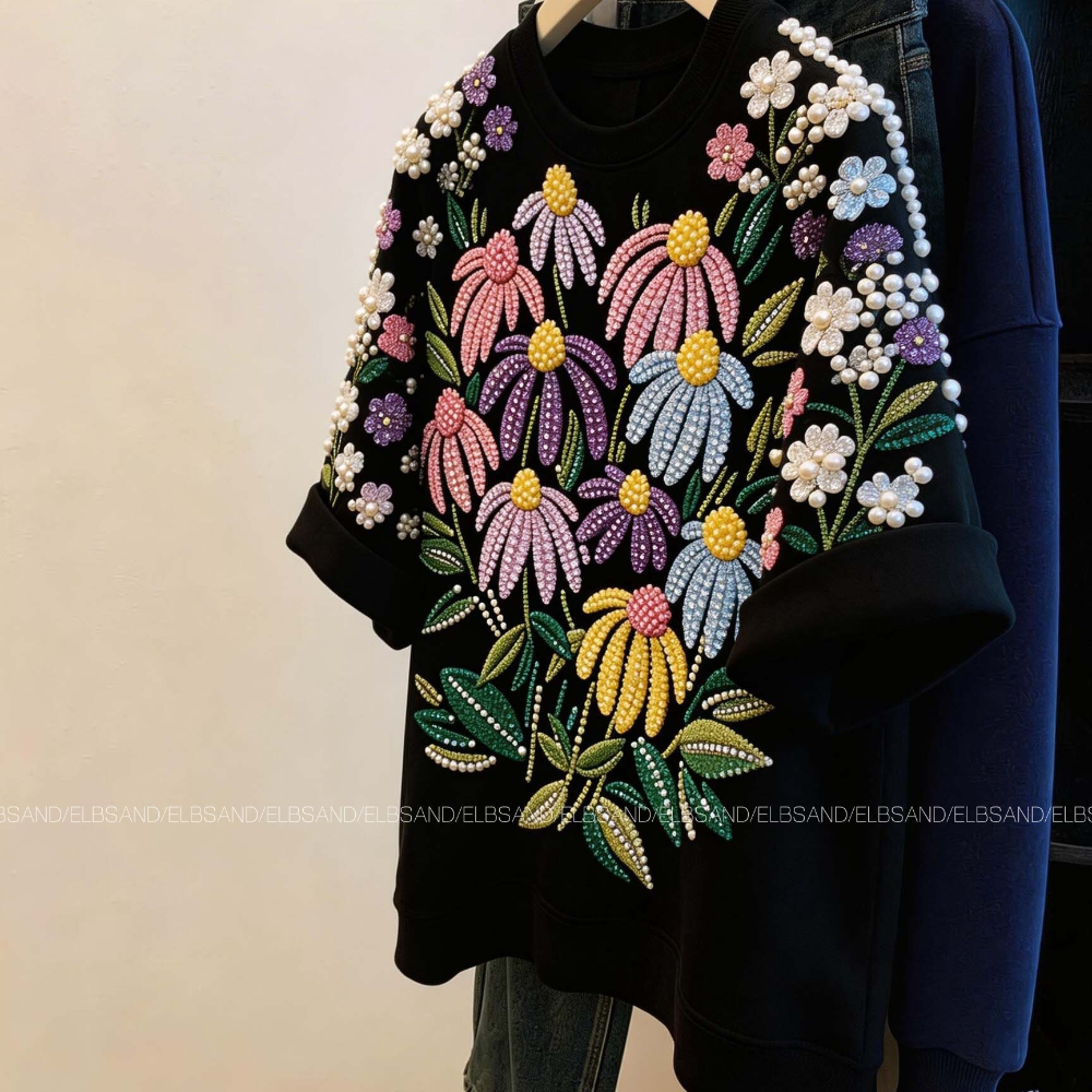 High-end women's short-sleeved shirt with beaded floral pattern