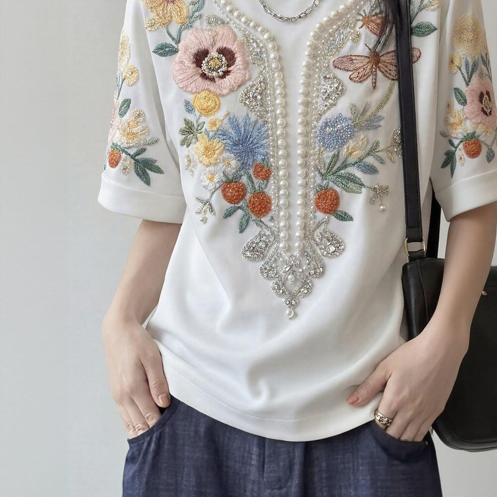Pearl & Floral Short Sleeve Top