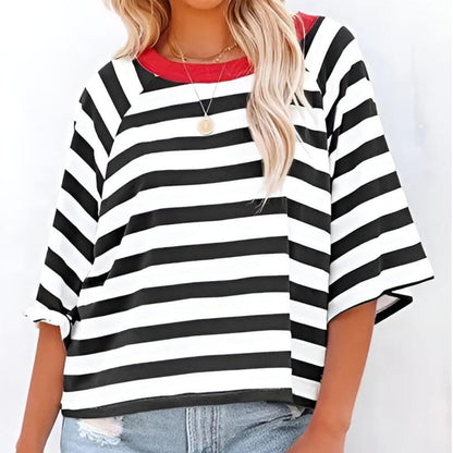 Striped Color Block Round Neck Short Sleeve T-shirt