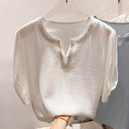 Minimal Sequin Neckline Short Sleeve Top