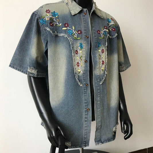 Vintage embroidered washed denim shirt