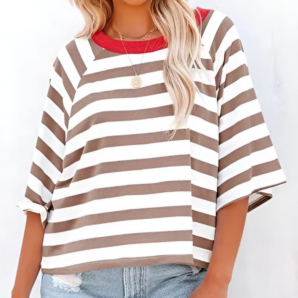 Striped Color Block Round Neck Short Sleeve T-shirt
