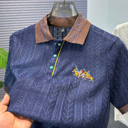 Hollow Out Jacquard Embroidered Knit Polo Shirt