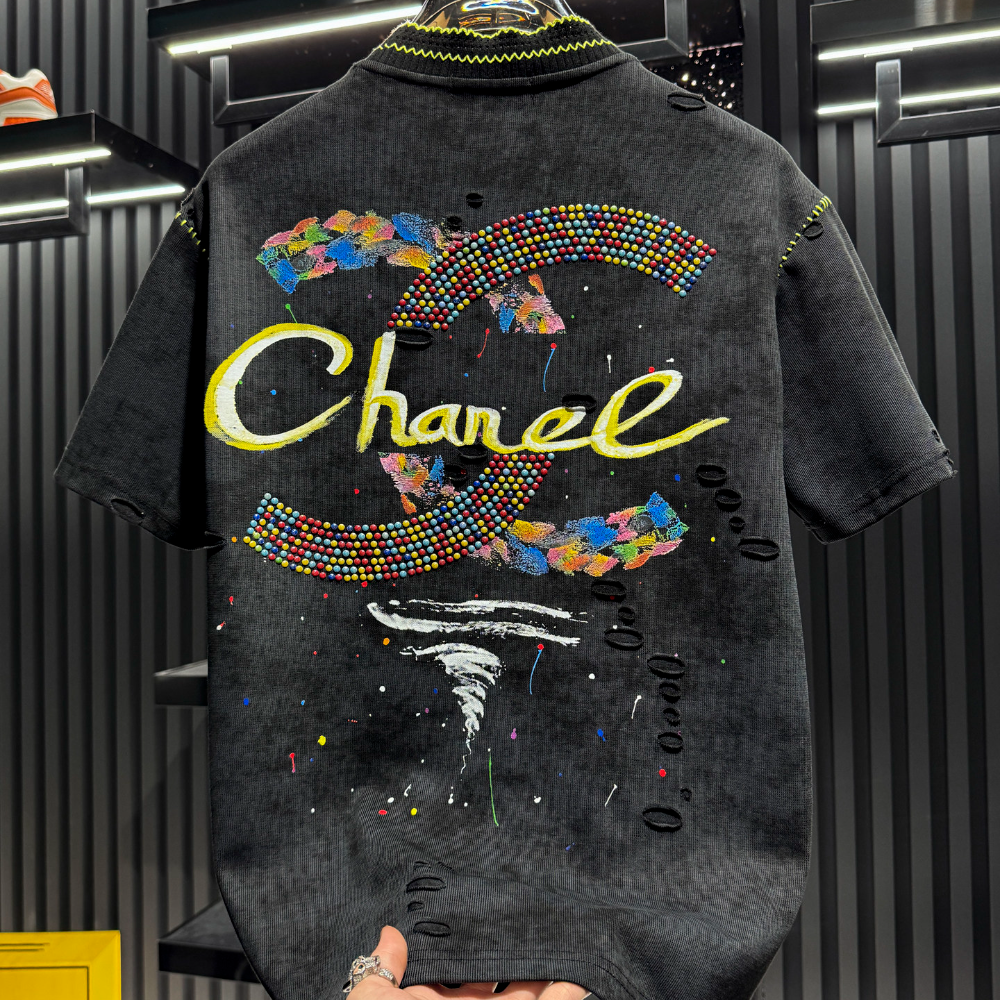 High-end scenic rhinestone short-sleeved shirt