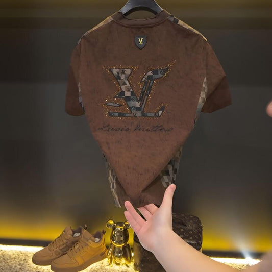 Brown Plaid Rhinestone T‑Shirt