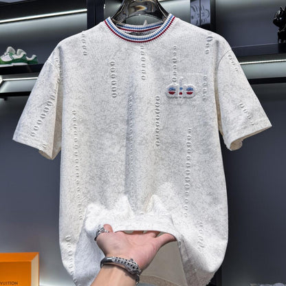 Luxury distressed embroidered short-sleeved shirt