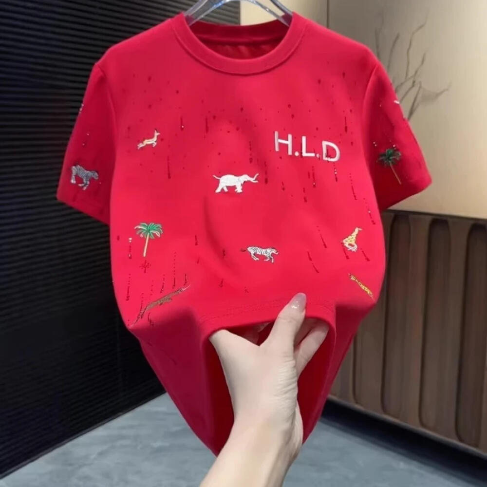Animal Embroidery Rhinestone T-Shirt