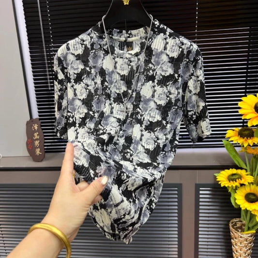 Breathable Mesh Black and White Pattern T-Shirt