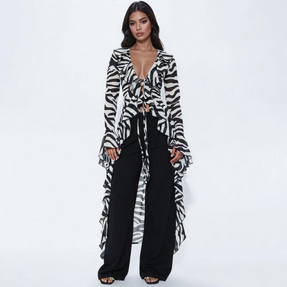 Y2K Sheer Zebra Print Asymmetrical Hem Long Top