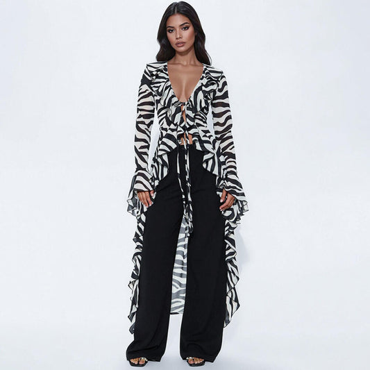 Y2K Sheer Zebra Print Asymmetrical Hem Long Top
