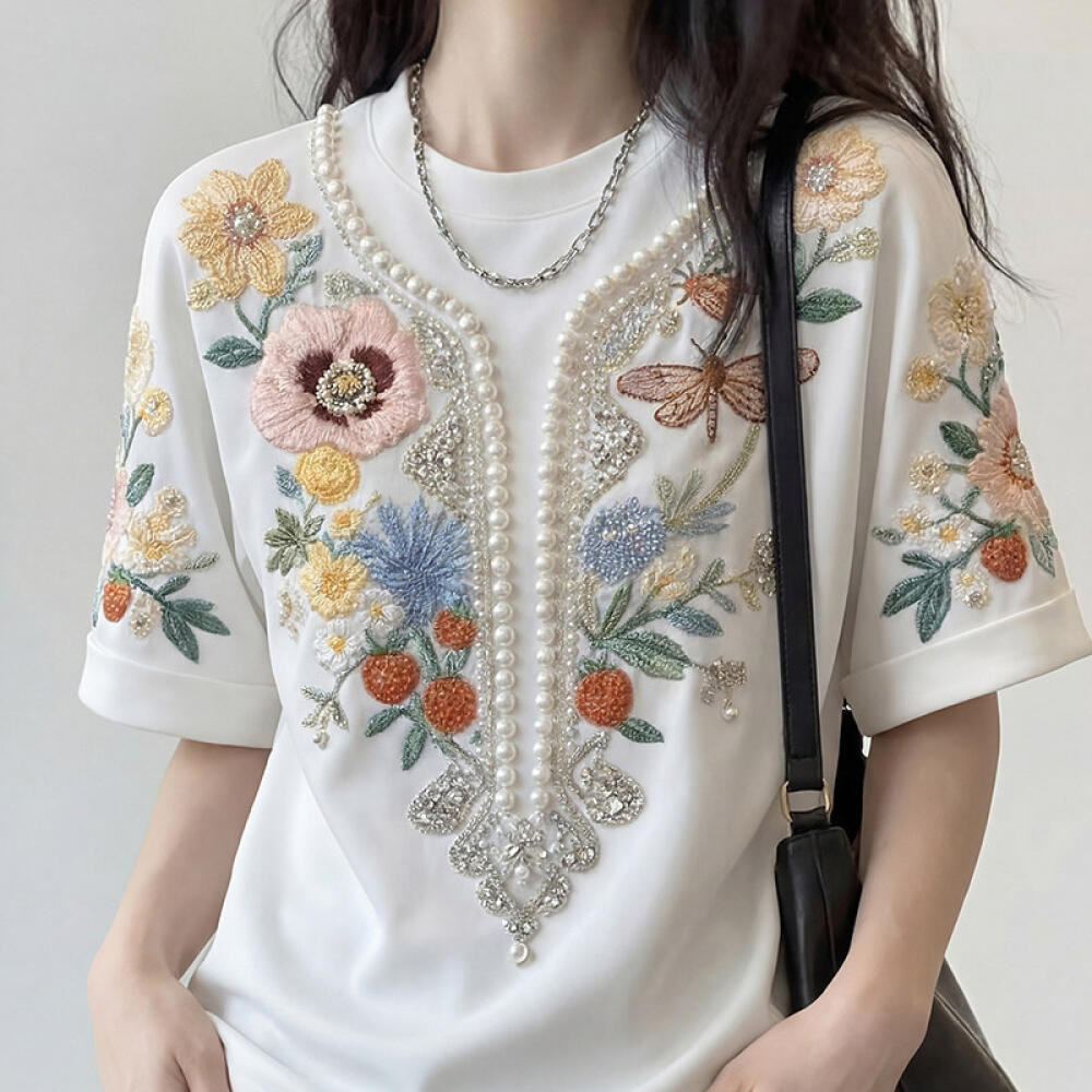 Pearl & Floral Short Sleeve Top